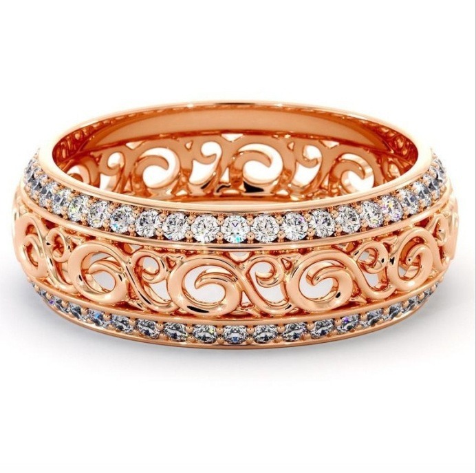 Vintage Scrollwork Tri-Tone Hollow Pave Diamond Ring