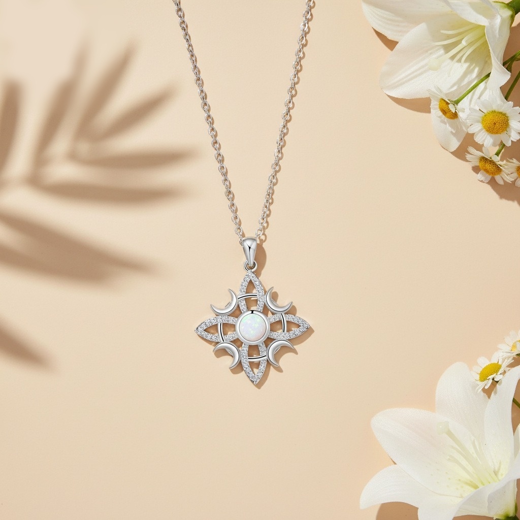Celtic Moon Glow S925 Sterling Silver Opal Star-Moon Protection Necklace