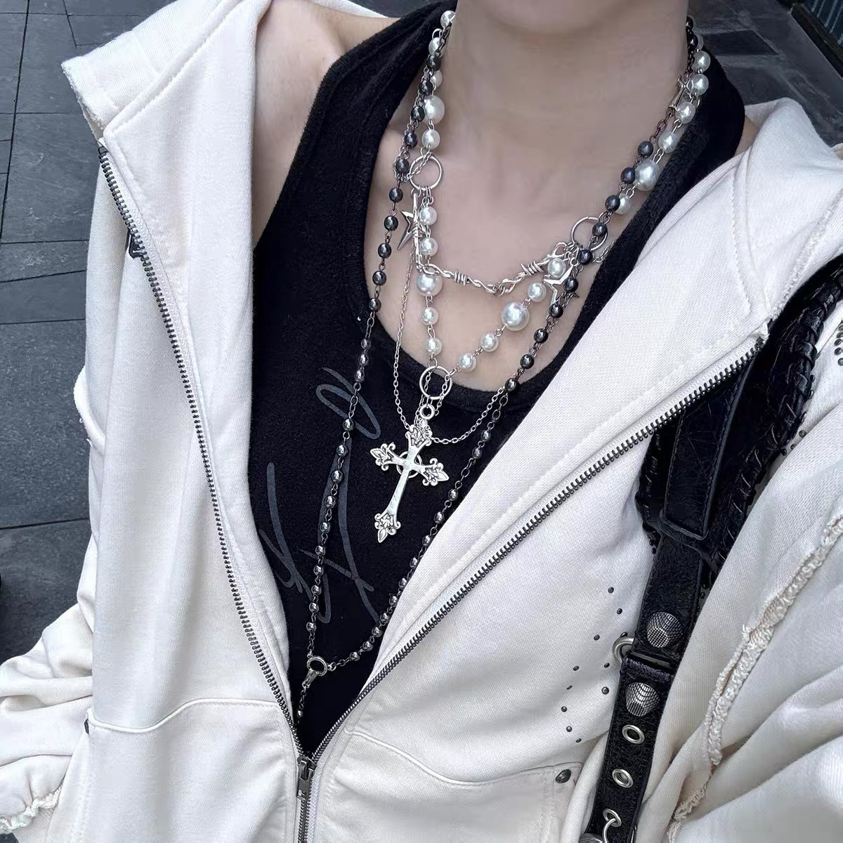 Sacred Star Pearl Chain S925 Sterling Silver Pearl Cross Layered Necklace