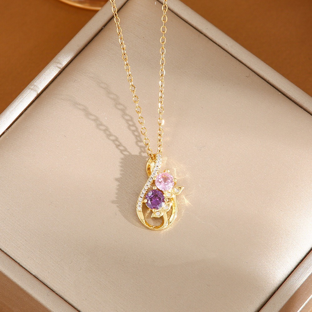 Twin Blossom Gourd Two-Tone Pink Purple Gem Necklace