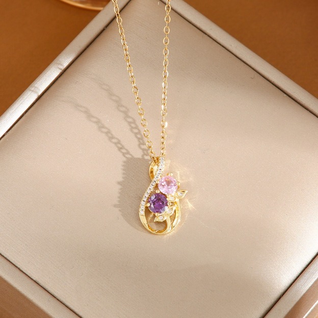 Twin Blossom Gourd Two-Tone Pink Purple Gem Necklace