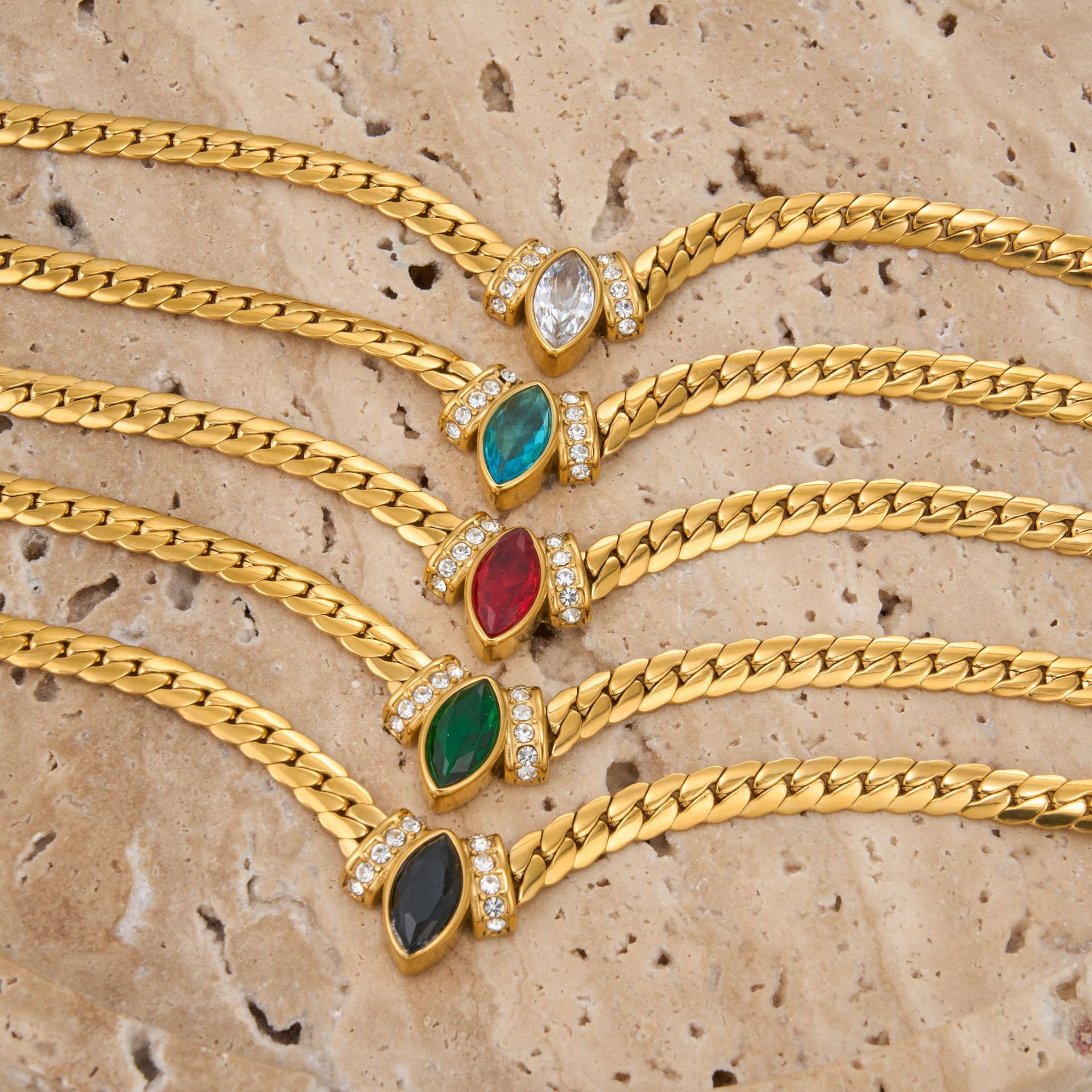 Marquise Gemstone Thin Gold Cuban Link Necklace