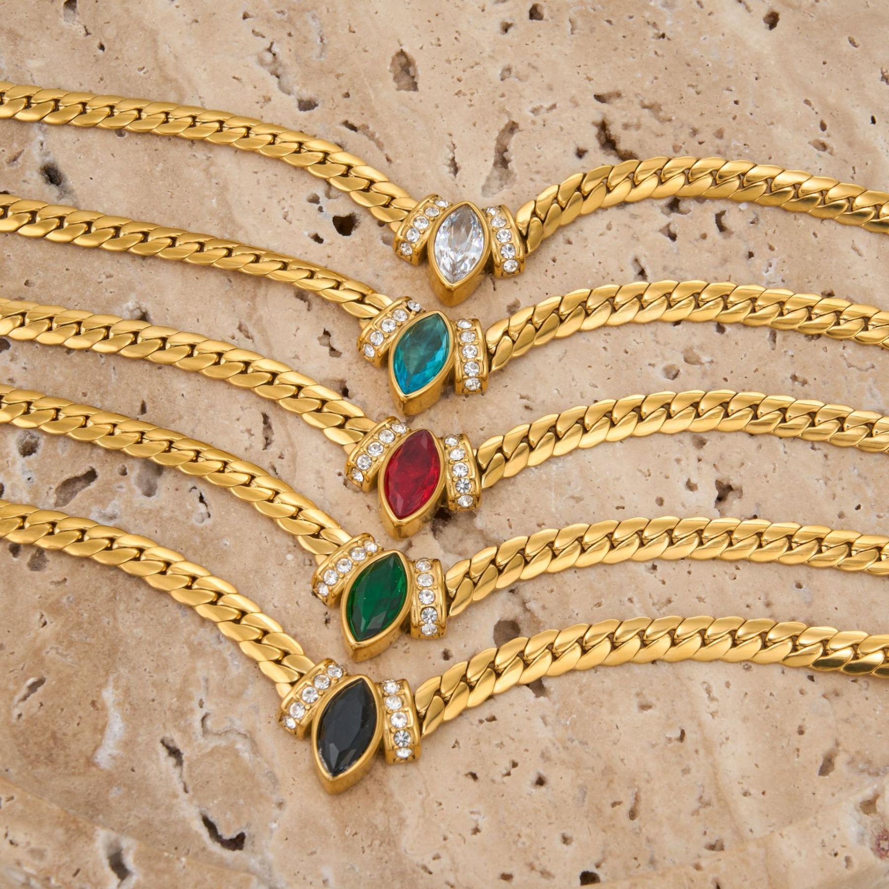 Marquise Gemstone Thin Gold Cuban Link Necklace