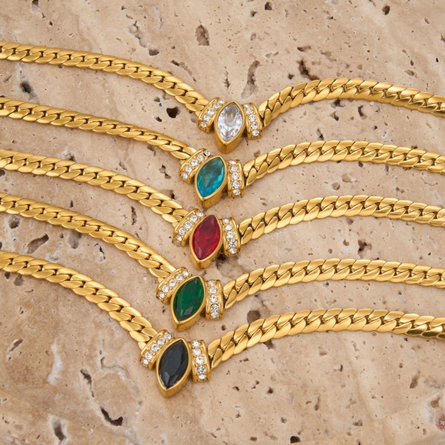 Marquise Gemstone Thin Gold Cuban Link Necklace