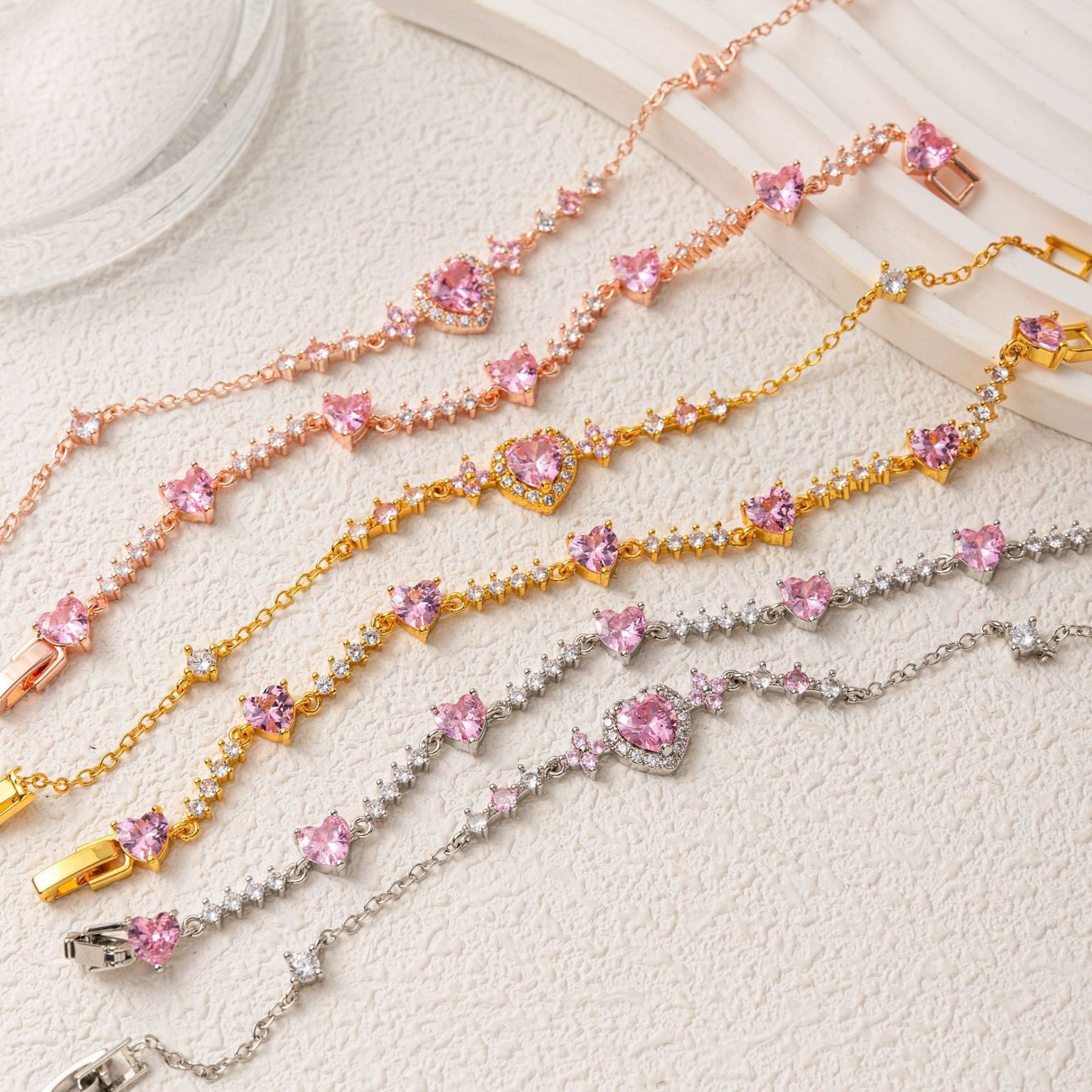 Pink Heart Crown 18K Gold/Rose Gold Pink Heart Pave Bracelet