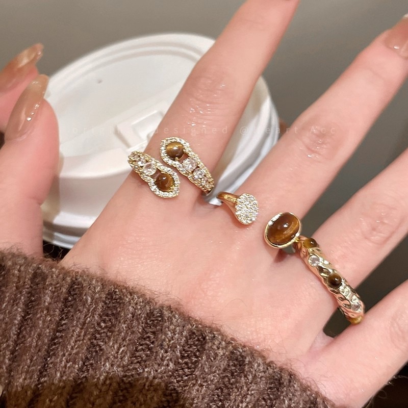 Tiger's Eye Guardian 18K Gold Energy Open Cuff Ring