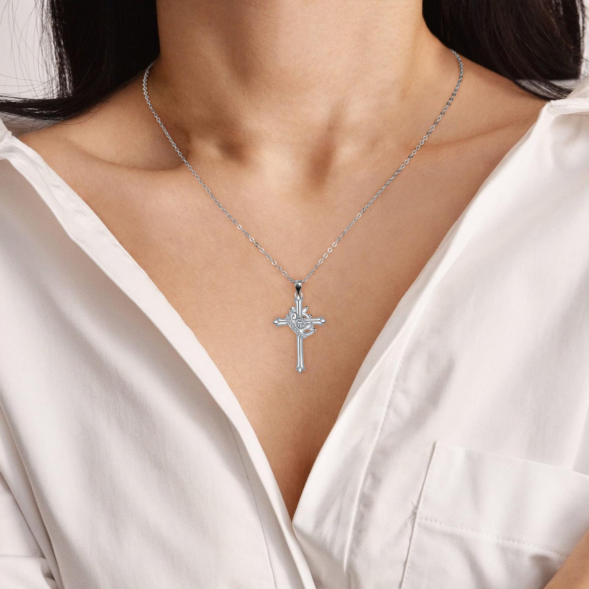 Crown of Faith S925 Sterling Silver Cross Necklace