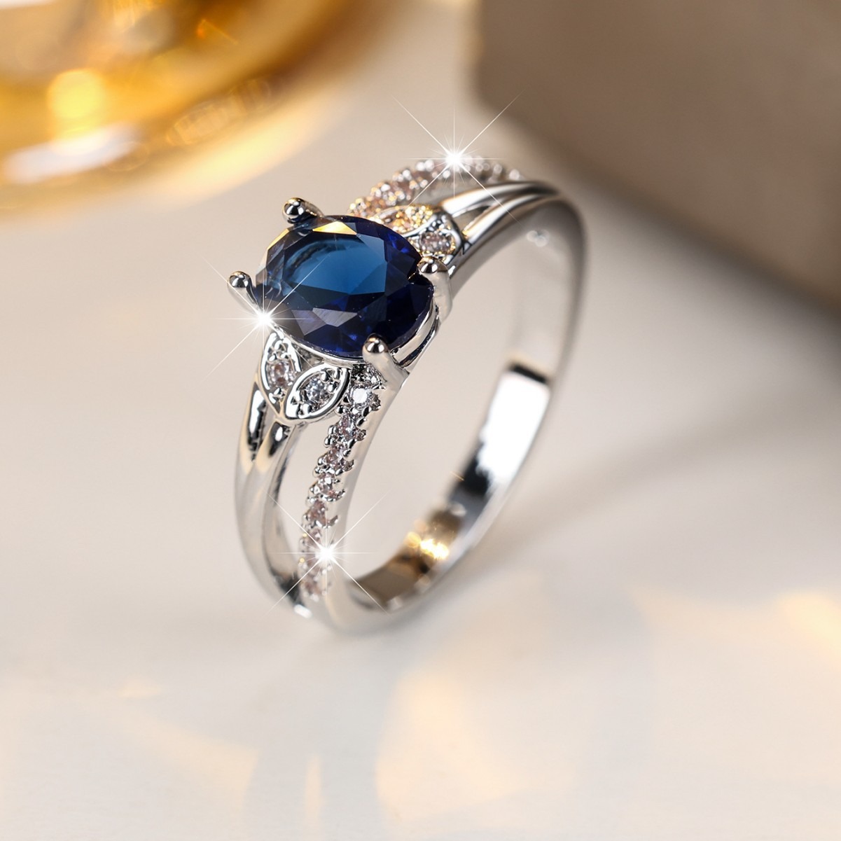 Vintage Leaf Oval Gemstone Double Band Ring