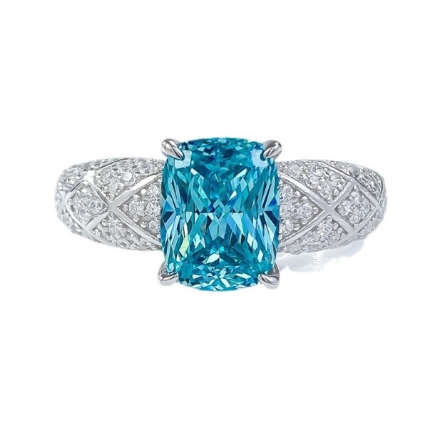 「Paraiba Dream」S925 Sterling Silver Cushion Cut Quilted Ring
