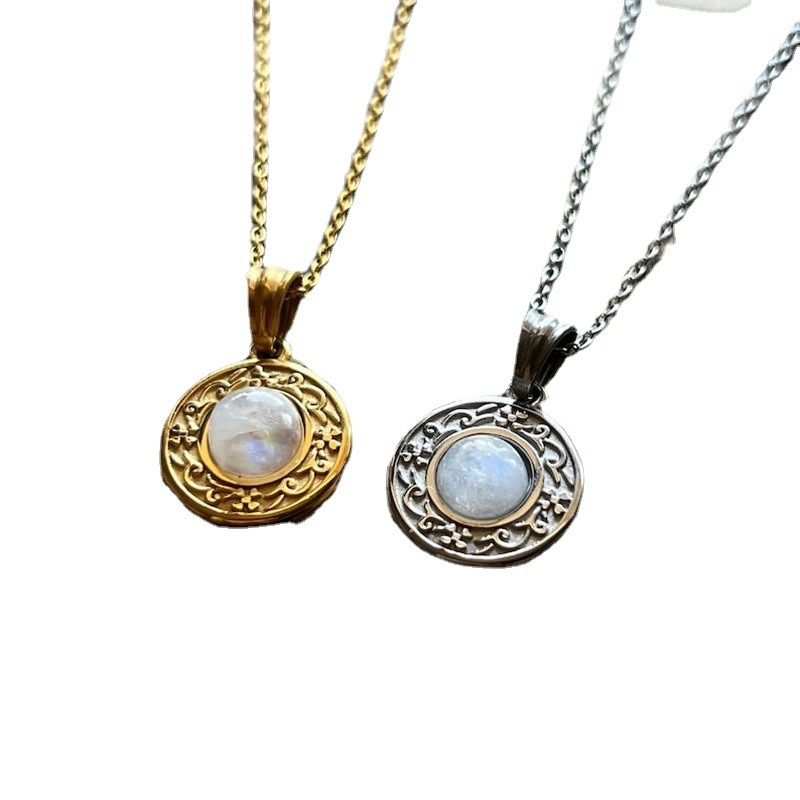 S925 Silver Plated 18K Gold Light Luxury Couple Dual-Color Moonstone Engraved Disk Necklace