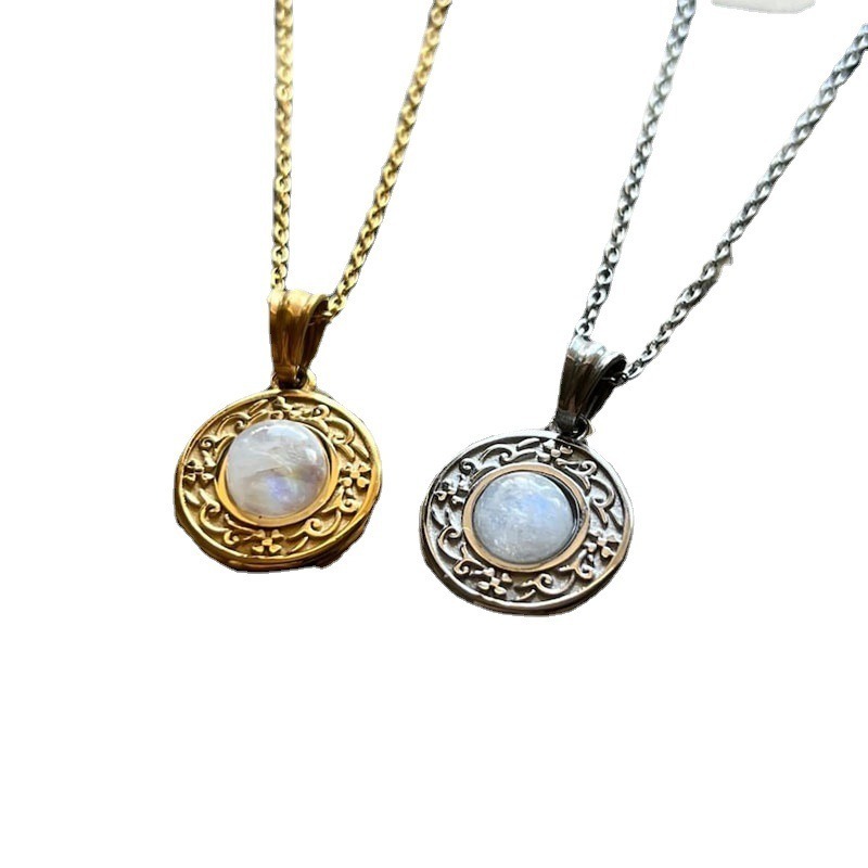 S925 Silver Plated 18K Gold Light Luxury Couple Dual-Color Moonstone Engraved Disk Necklace