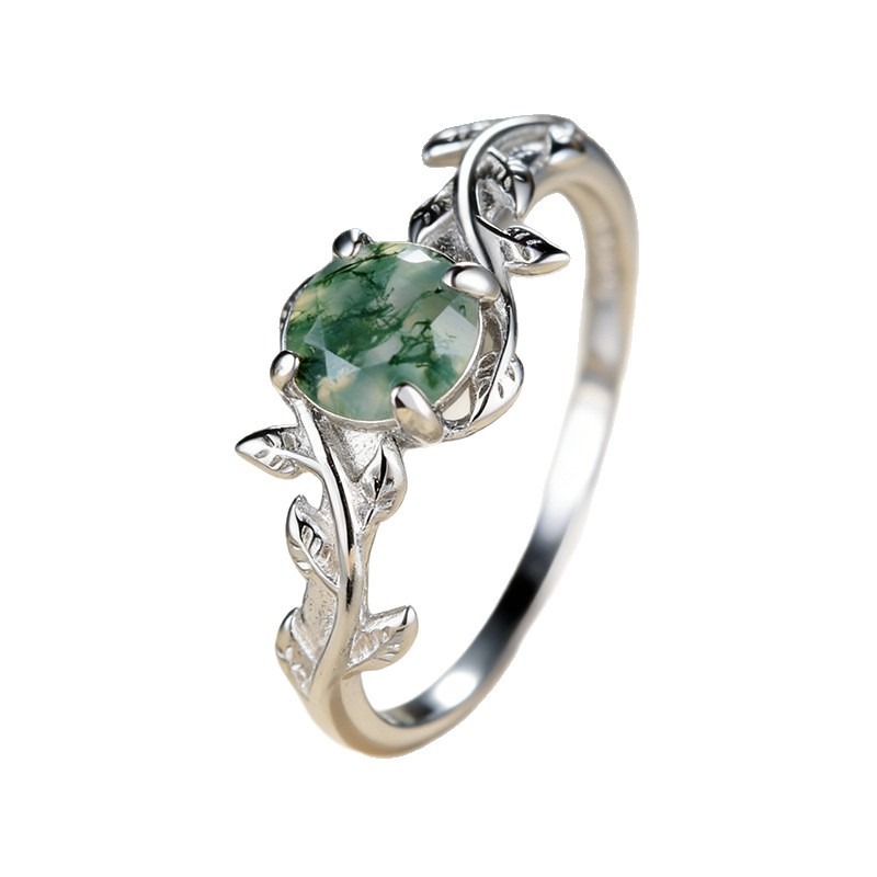 S925 Sterling Silver Natural Moss Agate Vine Ring