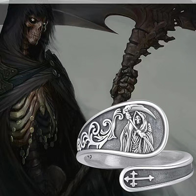 S925 Sterling Silver Vintage Grim Reaper Soul Guardian Adjustable Ring