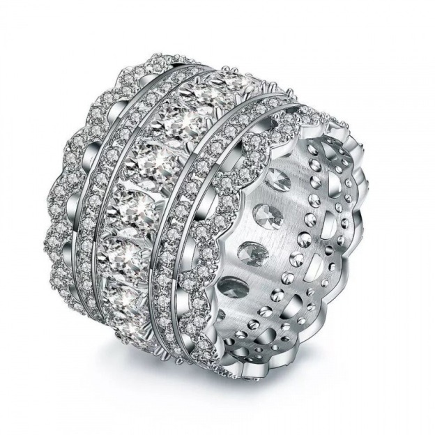 S925 Sterling Silver Multi-Row Pave CZ Wide Eternity Statement Ring