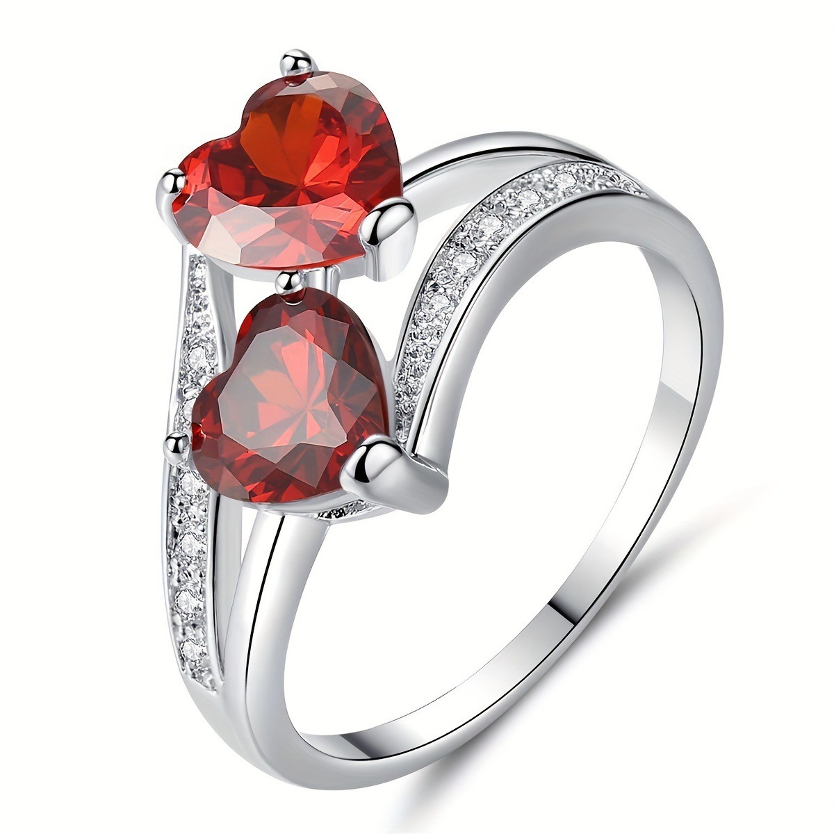 S925 Sterling Silver Double Heart Gemstone Ring