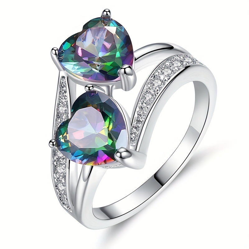 S925 Sterling Silver Double Heart Gemstone Ring