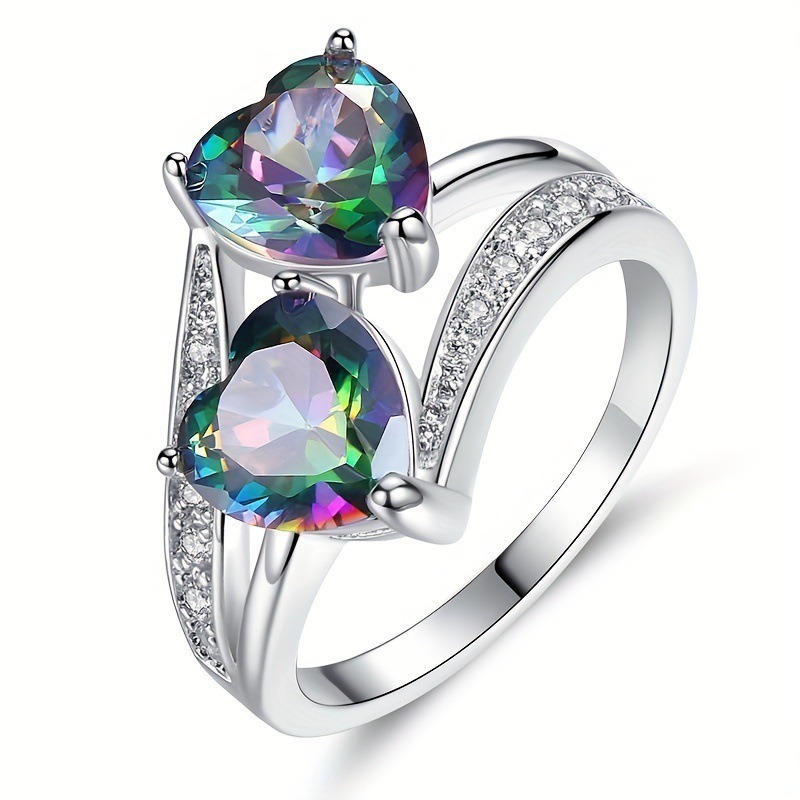 S925 Sterling Silver Double Heart Gemstone Ring