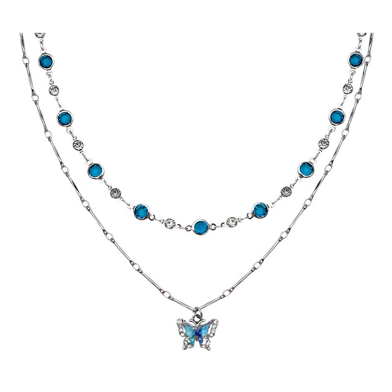  S925 Sterling Silver Double Layer Blue Zircon Butterfly Layering Necklace