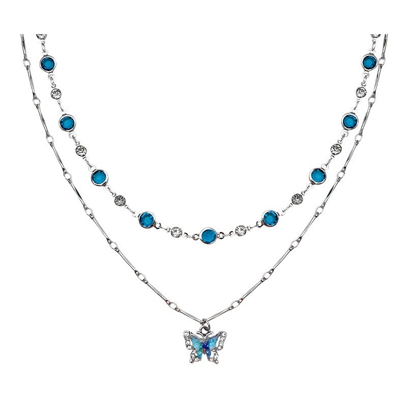  S925 Sterling Silver Double Layer Blue Zircon Butterfly Layering Necklace