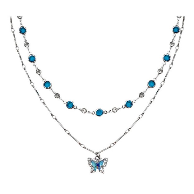  S925 Sterling Silver Double Layer Blue Zircon Butterfly Layering Necklace