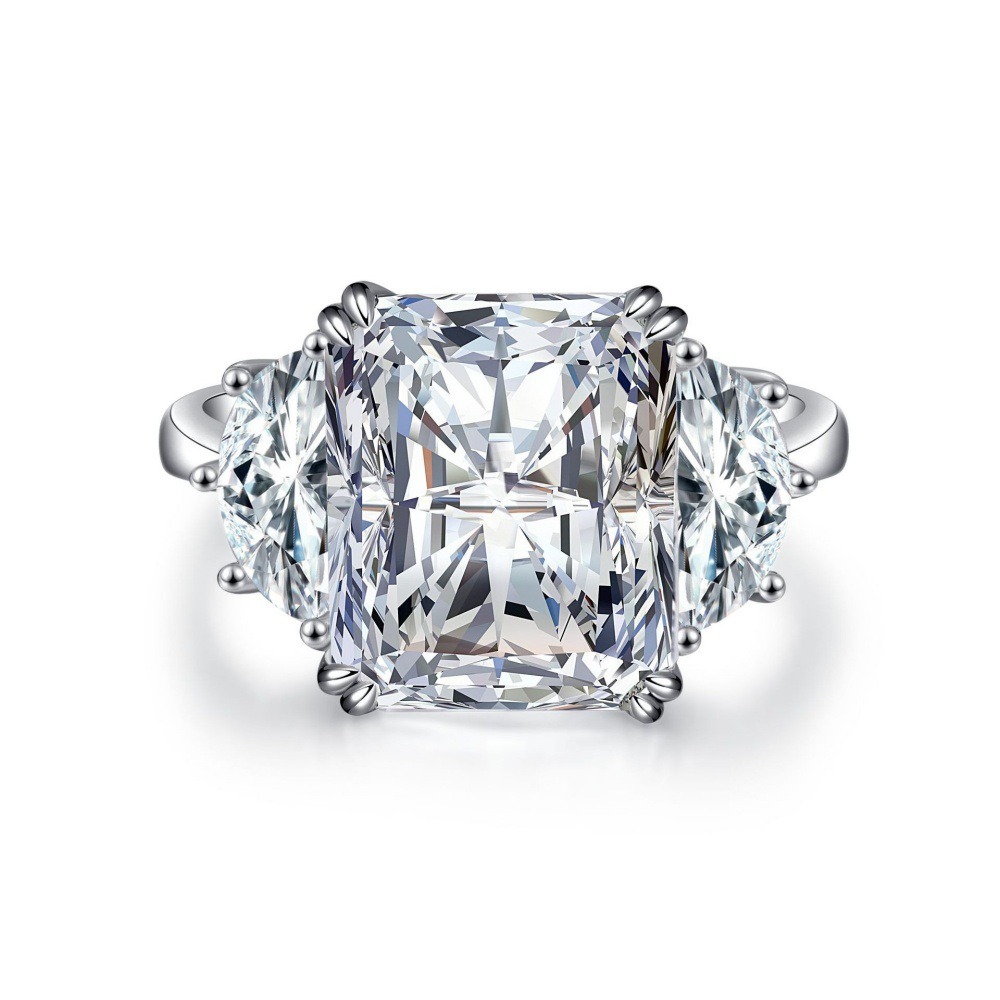 S925 Sterling Silver Radiant Cut Three Stone Ring, Cushion Simulated Diamond Statement Ring