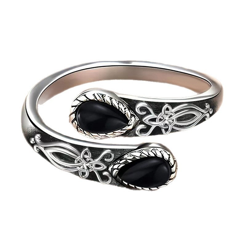 S925 Sterling Silver Obsidian Celtic Knot Open Ring