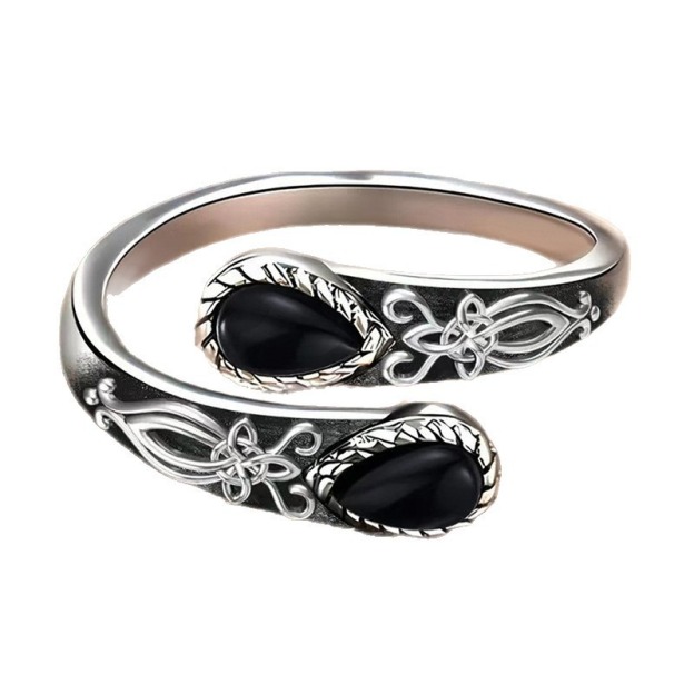 S925 Sterling Silver Obsidian Celtic Knot Open Ring