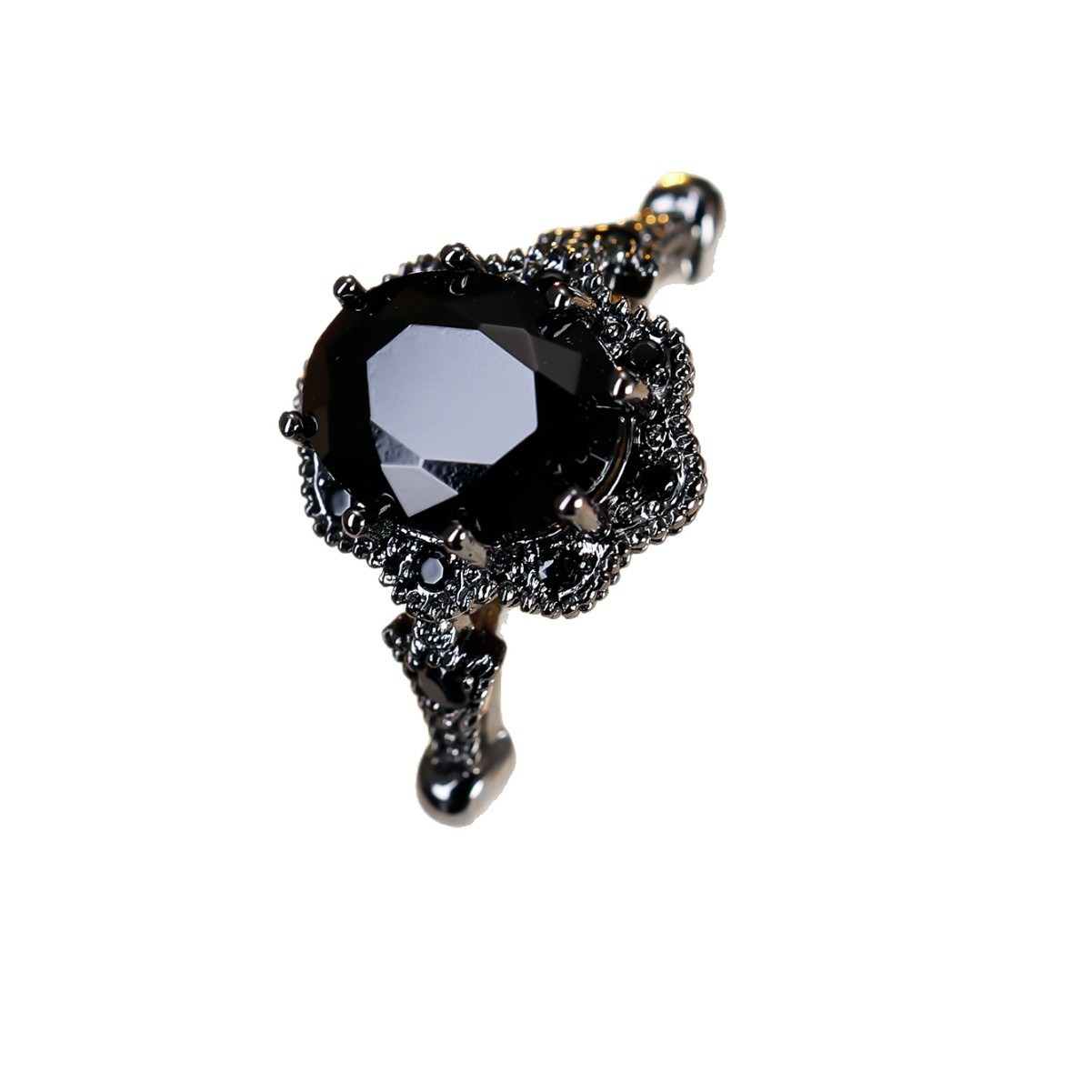 S925 Sterling Silver Black Rhodium Plated Oval Obsidian Gothic Ring
