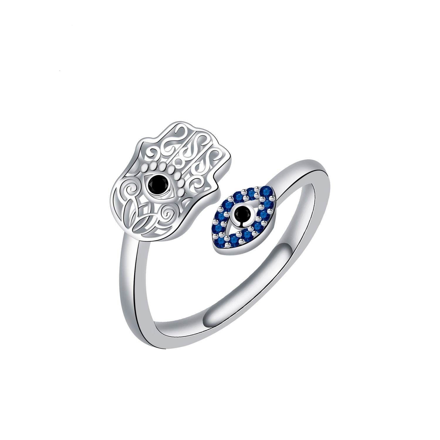 S925 Sterling Silver Hamsa Hand Evil Eye Open Ring
