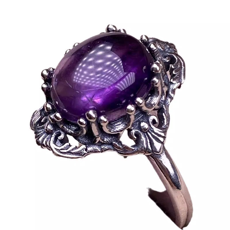 S925 Sterling Silver Oxidized Amethyst Cabochon Ring