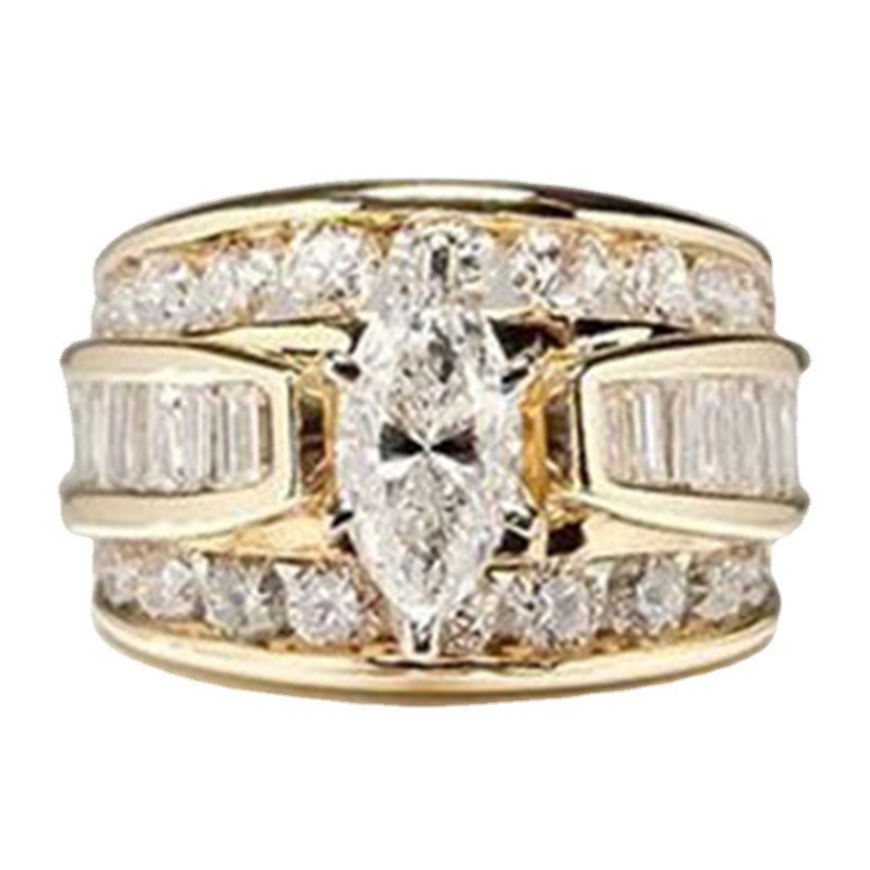 18K Gold Light Luxury High-End Three-Color Marquise Main Diamond Full-Circle Diamond Ring