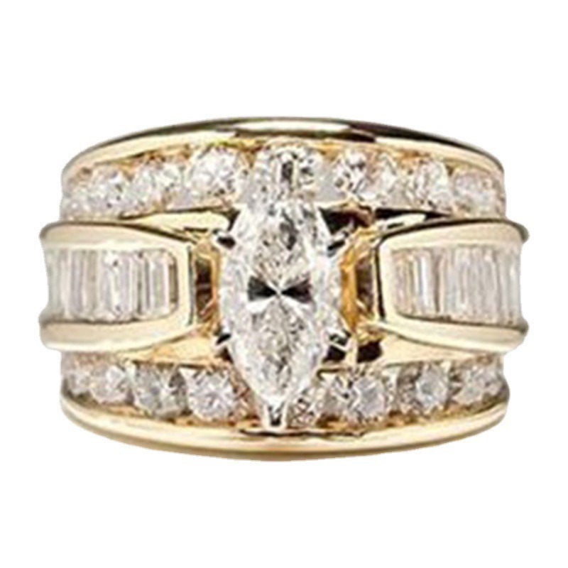 18K Gold Light Luxury High-End Three-Color Marquise Main Diamond Full-Circle Diamond Ring