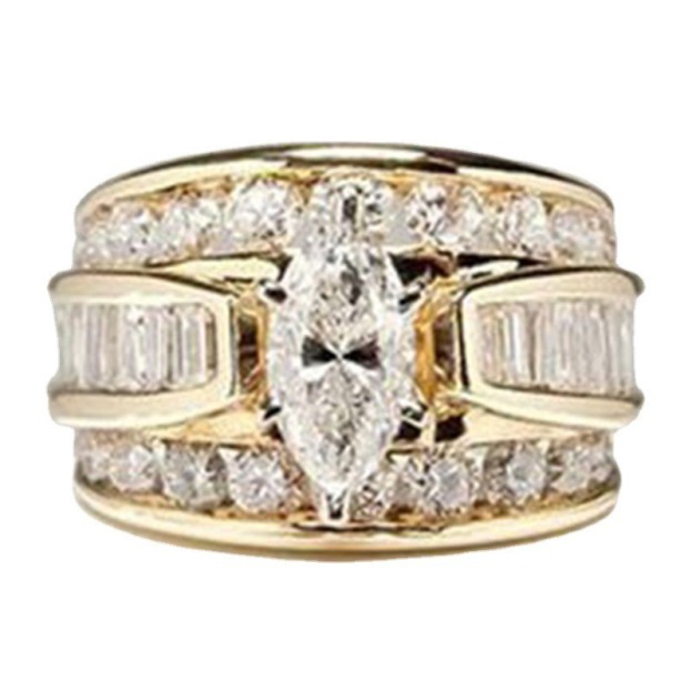 18K Gold Light Luxury High-End Three-Color Marquise Main Diamond Full-Circle Diamond Ring
