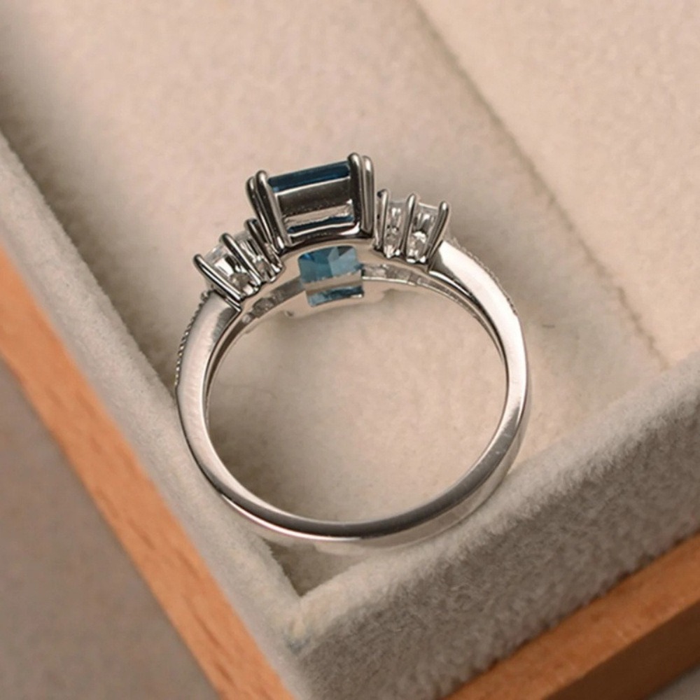  S925 Sterling Silver Emerald-Cut Blue Gemstone Ring