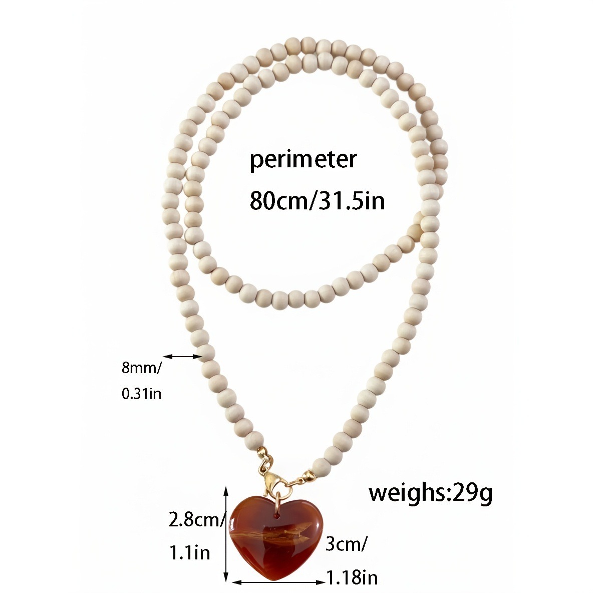 Nature's Pulse Natural Wood Bead Amber Heart Pendant Necklace