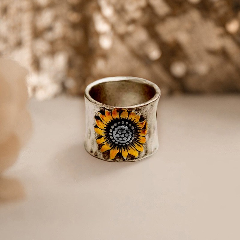 Sunflower Soul Hand-Painted Vintage Silver Signet Ring