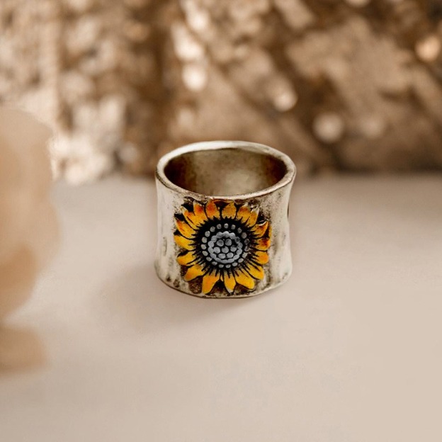 Sunflower Soul Hand-Painted Vintage Silver Signet Ring