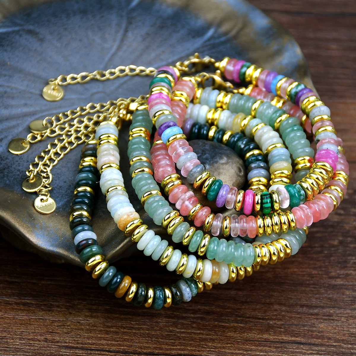 Boho Earth Harmony Natural Stone Heishi Bead Bracelet with Gold Spacers