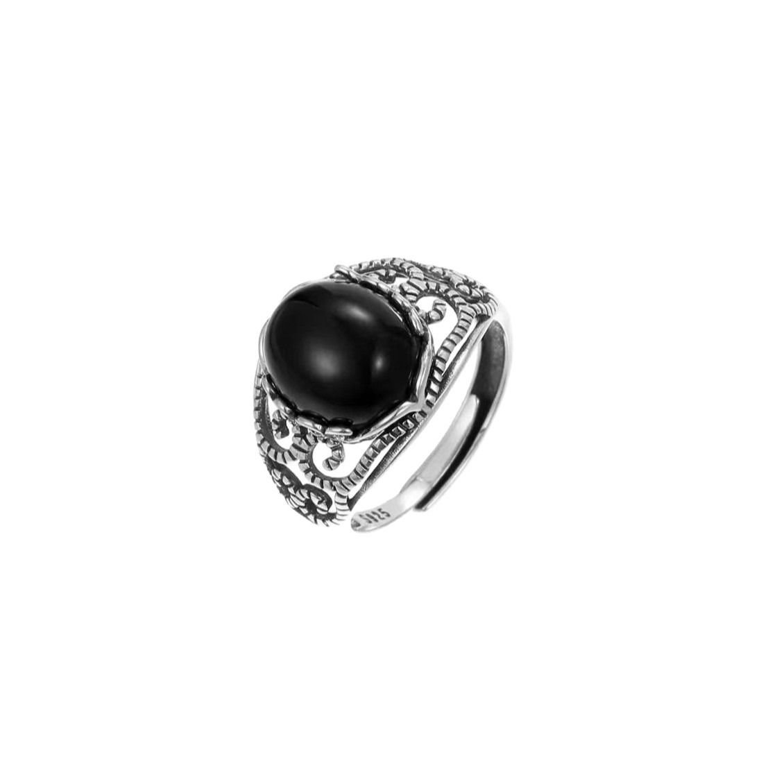 Aegis of Protection S925 Silver Vintage Filigree Obsidian Adjustable Ring