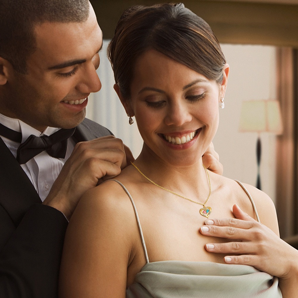 Custom 2-Person Birthstone Heart Necklace Engravable S925 Silver Choker