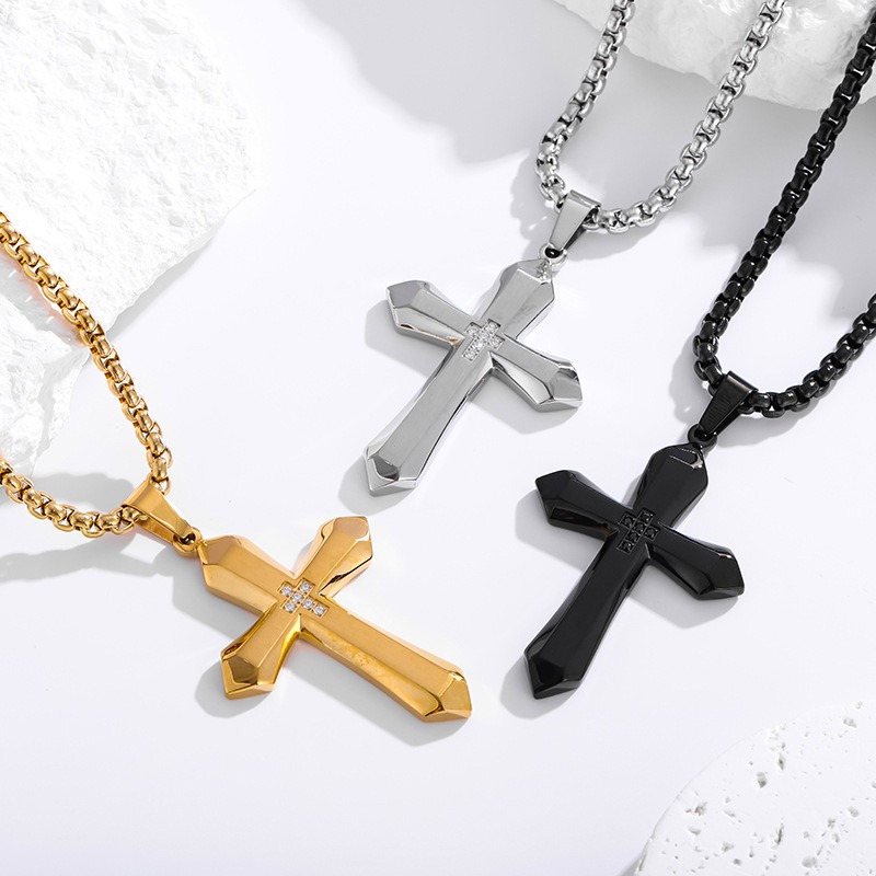 Multi-Color Diamond-Embedded 3D Cross Necklace