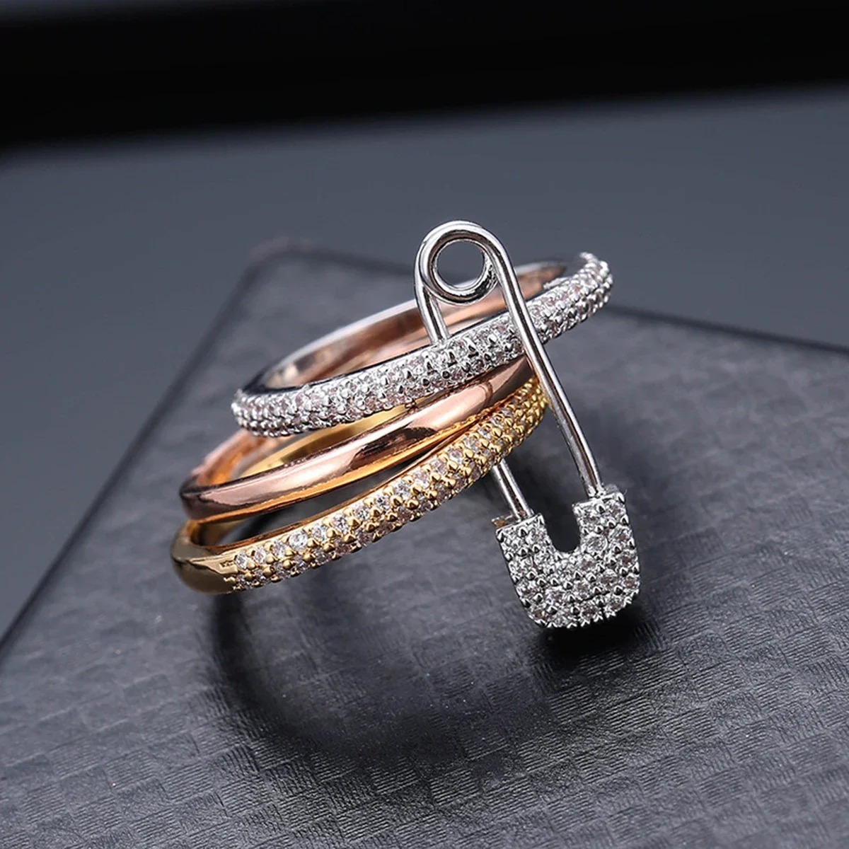 Safety Pin Stacking Ring | 18K Gold / Silver / Tri-Color Pavé Statement Ring