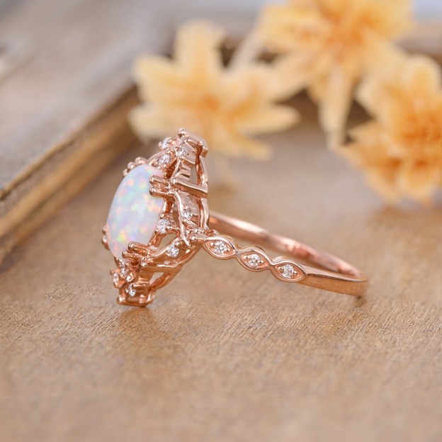 White Opal Vintage Ring | 925 Sterling Silver | Platinum / Rose Gold Finish