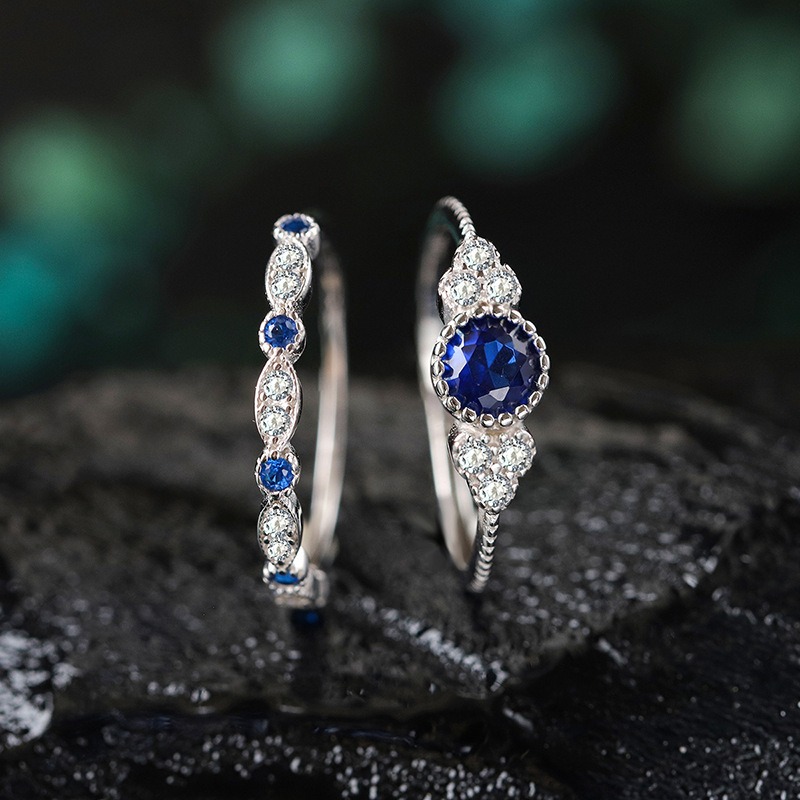 “Eternal Heart” Round Gemstone Ring Set | Stackable Double Ring Design with Halo Setting