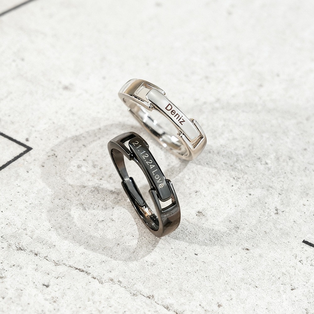 "Time Buckle" Custom Engraved Couple Rings | Personalized Date & Name Belt-Buckle Design Minimalist Matching Bands
