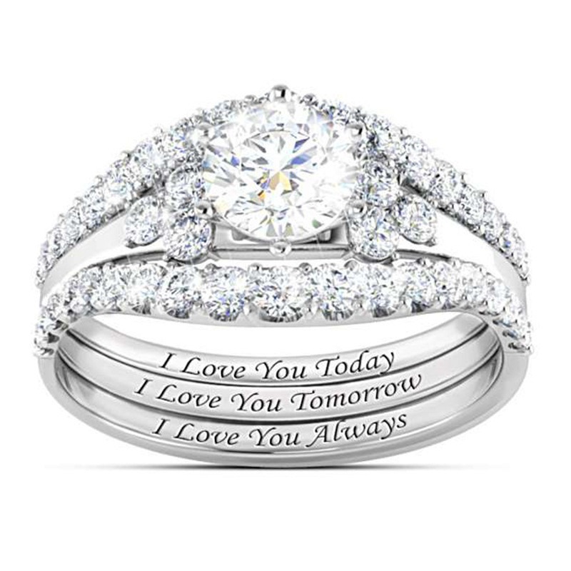 “Today·Tomorrow·Always” 18K Gold Diamond Stackable Ring Set｜Three-Layer Romantic Vow Engraved in Love