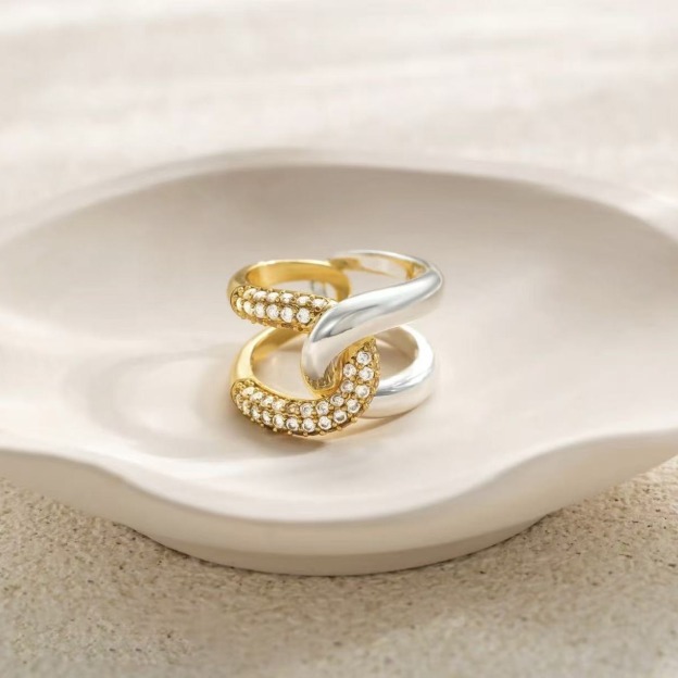 Intertwined Starburst Sterling Silver Diamond Double-Band Ring｜Two-Tone Texture for Daily Elegance