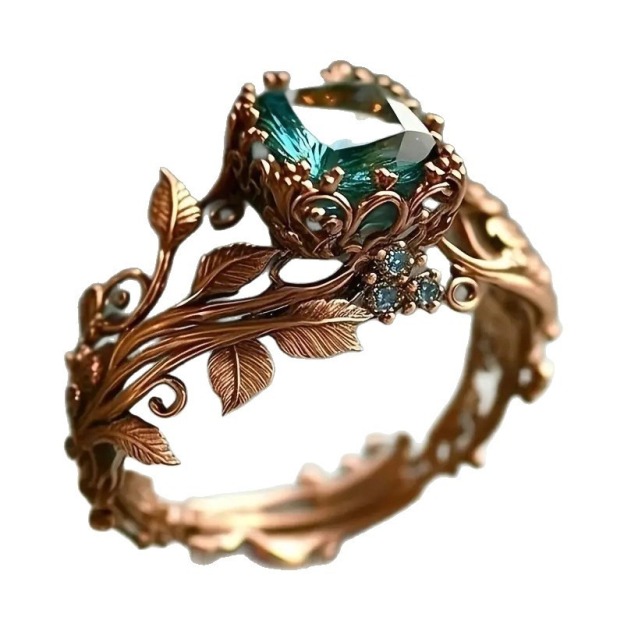 Vine Crystal Glow Vintage Vine Green Crystal Ring｜Natural Texture for Finger Elegance