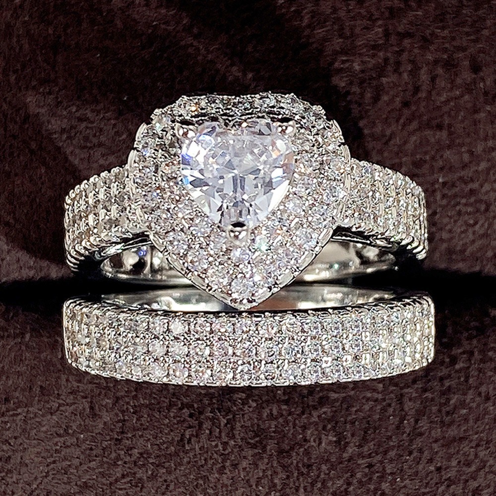 Heart Diamond Luxury S925 Sterling Silver Paved Heart Ring Set