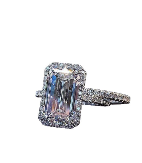 Luxury Square Radiance S925 Sterling Silver Emerald Cut Full Pavé Ring Set 